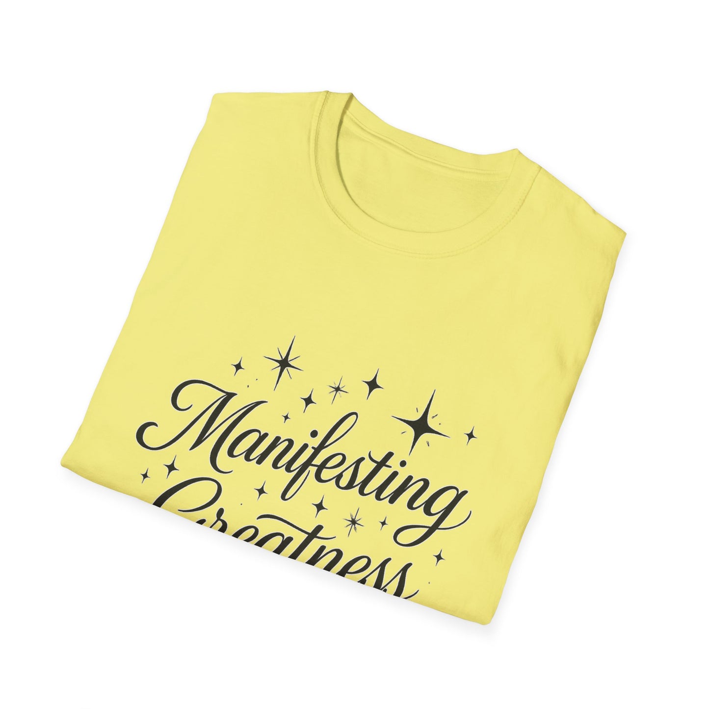 Manifesting Greatness T-Shirt – Elegant Script Stars Spiritual Manifestation Tee