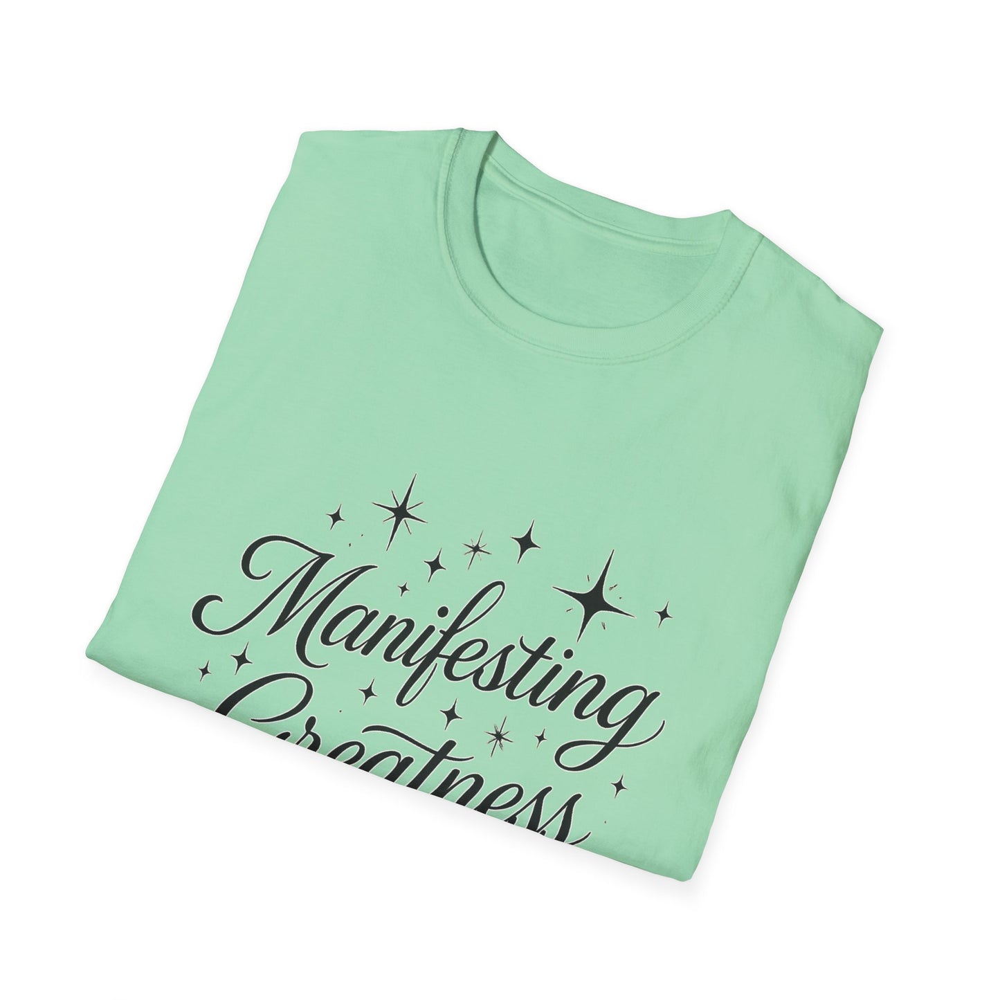 Manifesting Greatness T-Shirt – Elegant Script Stars Spiritual Manifestation Tee