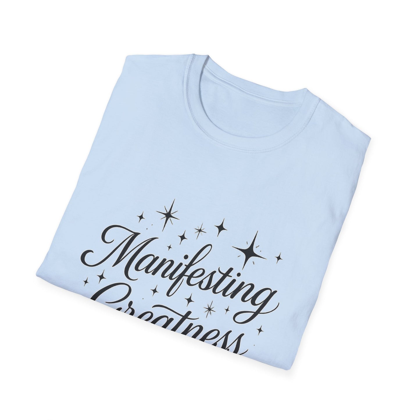 Manifesting Greatness T-Shirt – Elegant Script Stars Spiritual Manifestation Tee