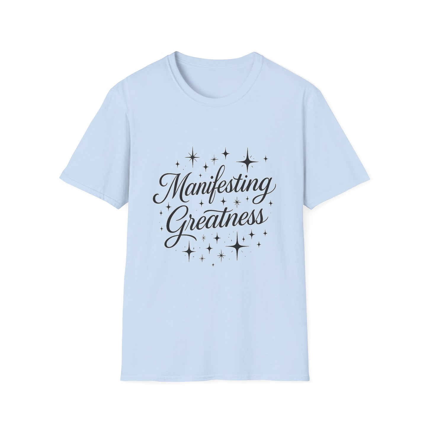 Manifesting Greatness T-Shirt – Elegant Script Stars Spiritual Manifestation Tee