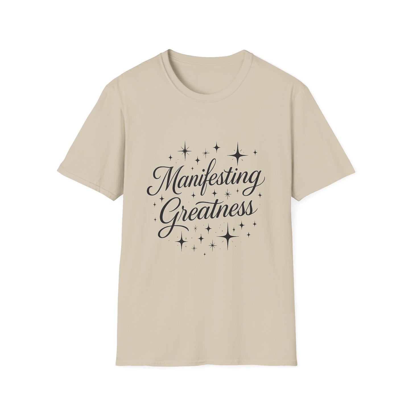 Manifesting Greatness T-Shirt – Elegant Script Stars Spiritual Manifestation Tee