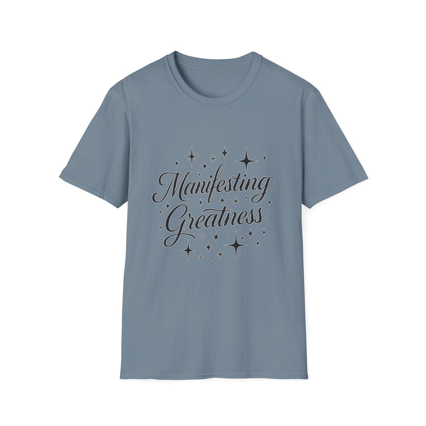 Manifesting Greatness T-Shirt – Elegant Script Stars Spiritual Manifestation Tee