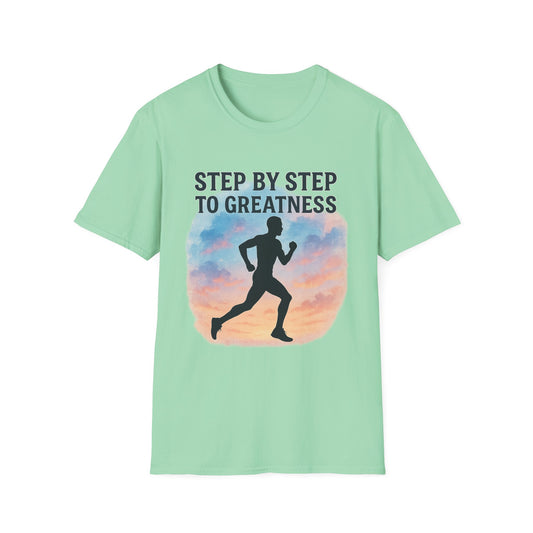 Step by Step to Greatness T-Shirt – Runner Silhouette Motivational Fitness Tee