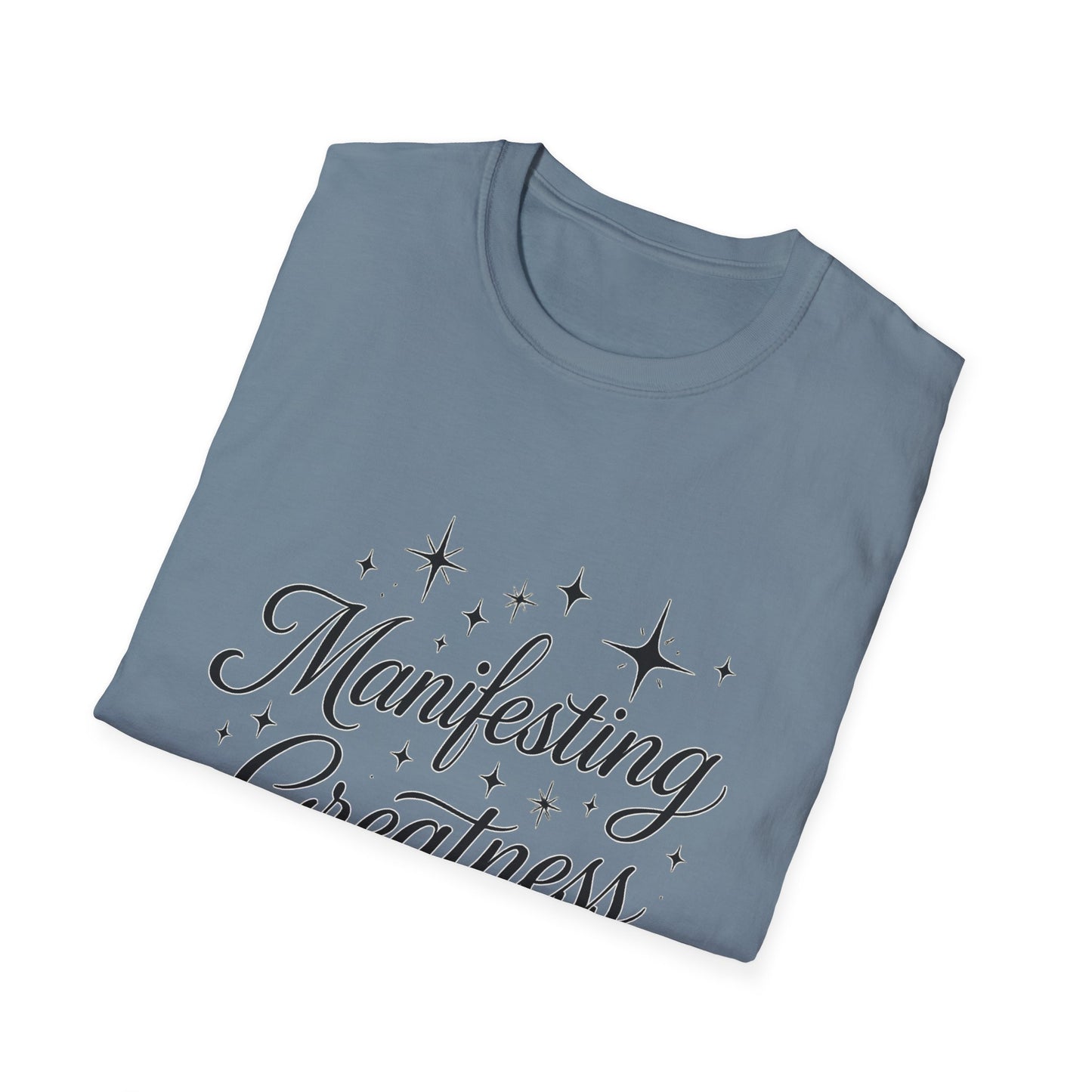 Manifesting Greatness T-Shirt – Elegant Script Stars Spiritual Manifestation Tee