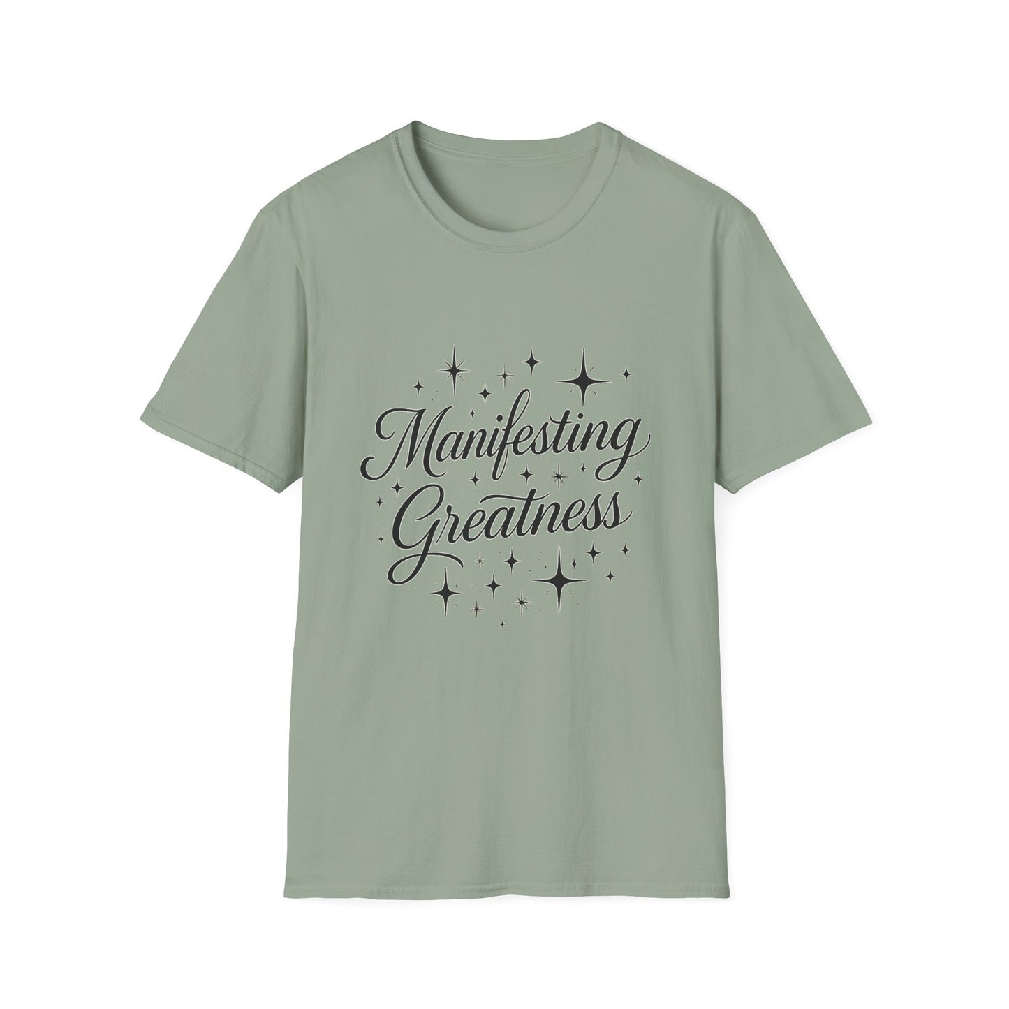 Manifesting Greatness T-Shirt – Elegant Script Stars Spiritual Manifestation Tee