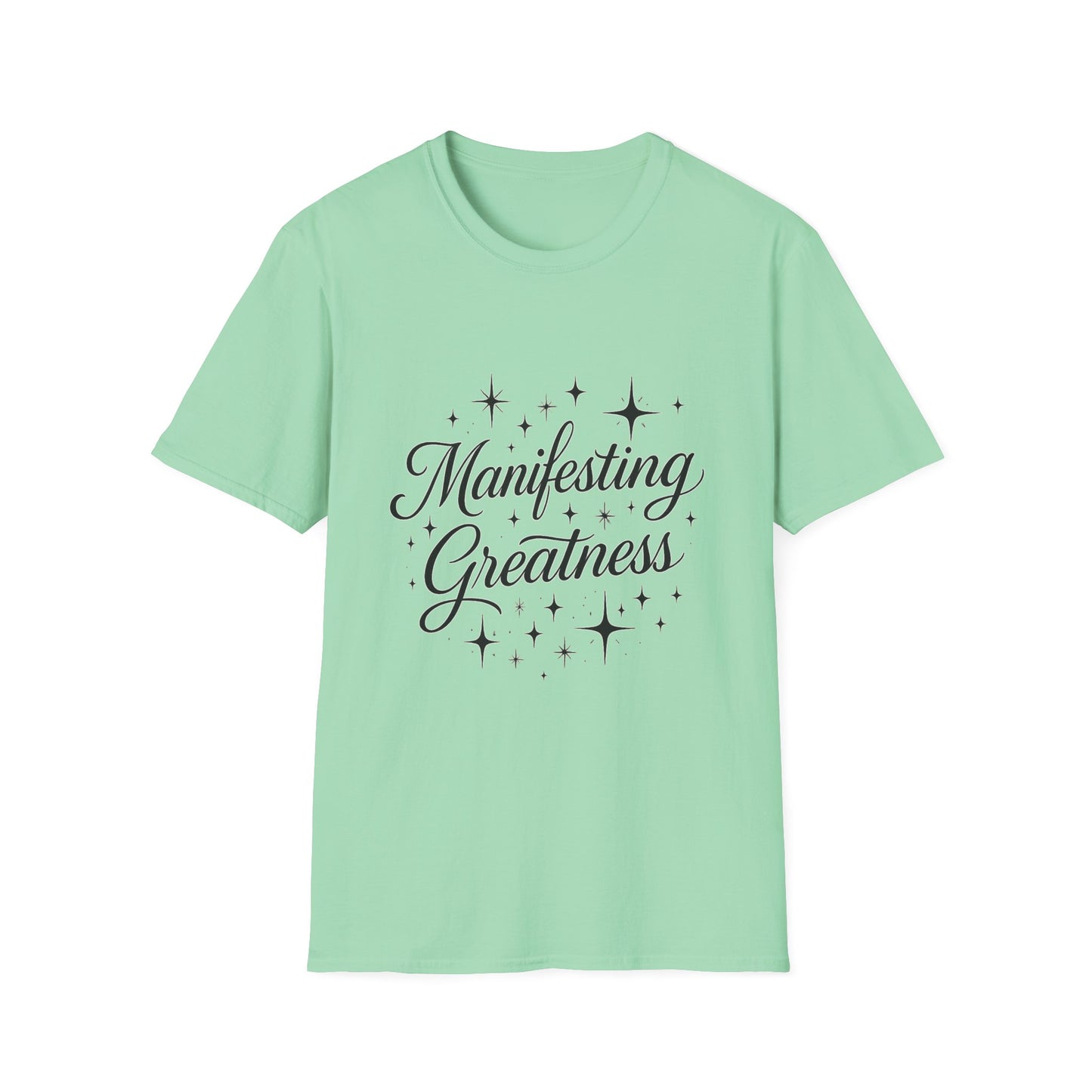 Manifesting Greatness T-Shirt – Elegant Script Stars Spiritual Manifestation Tee