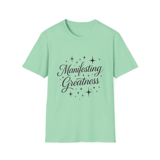 Manifesting Greatness T-Shirt – Elegant Script Stars Spiritual Manifestation Tee
