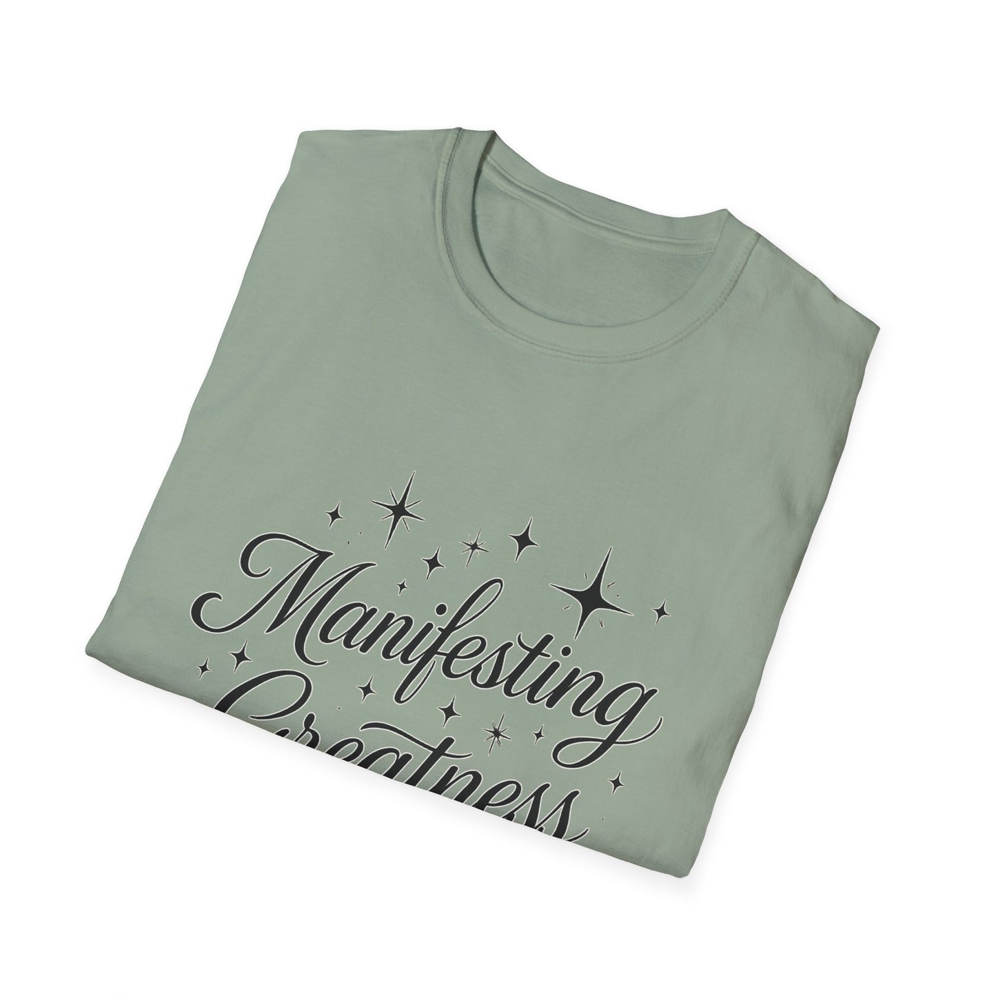 Manifesting Greatness T-Shirt – Elegant Script Stars Spiritual Manifestation Tee